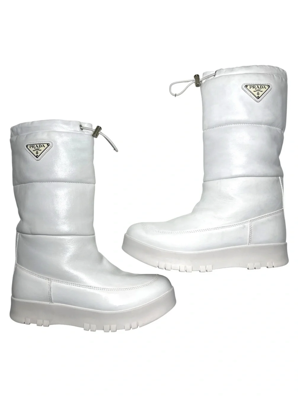 Prada White Leather Quilted Platform Moon Boots Weiss size 40 US 10 Puffer Snow